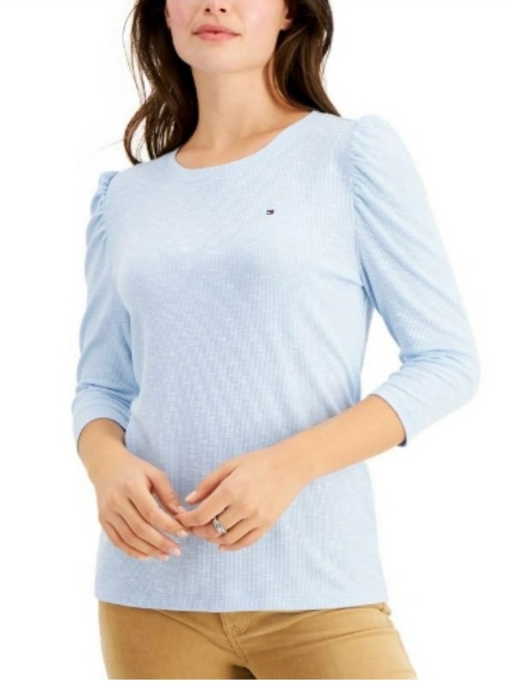 NEW Tommy Hilfiger Light Blue 3/4 Puffed Shoulders Ribbed T-Shirt Size Large